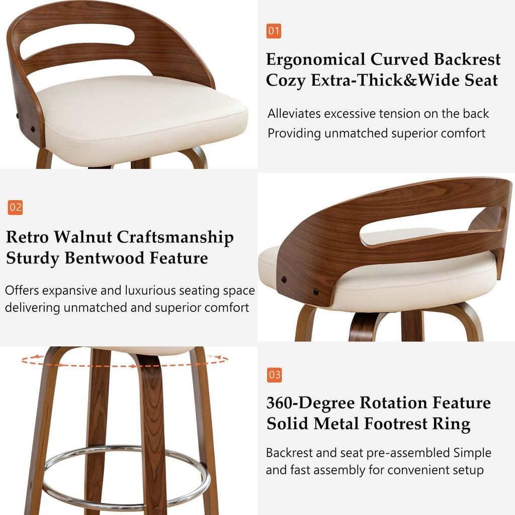 Bar Stools Set of 2, Swivel Bar Stools with Walnut Craftsmanship, Bentwood Curved Back, Upholstered Faux Leather, Soft Cushion Seat, Mid Century BarStools for Bar/Pub/Cafe (Beige, 30" Seat Height)