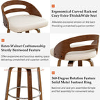 Bar Stools Set of 2, Swivel Bar Stools with Walnut Craftsmanship, Bentwood Curved Back, Upholstered Faux Leather, Soft Cushion Seat, Mid Century BarStools for Bar/Pub/Cafe (Beige, 30" Seat Height)