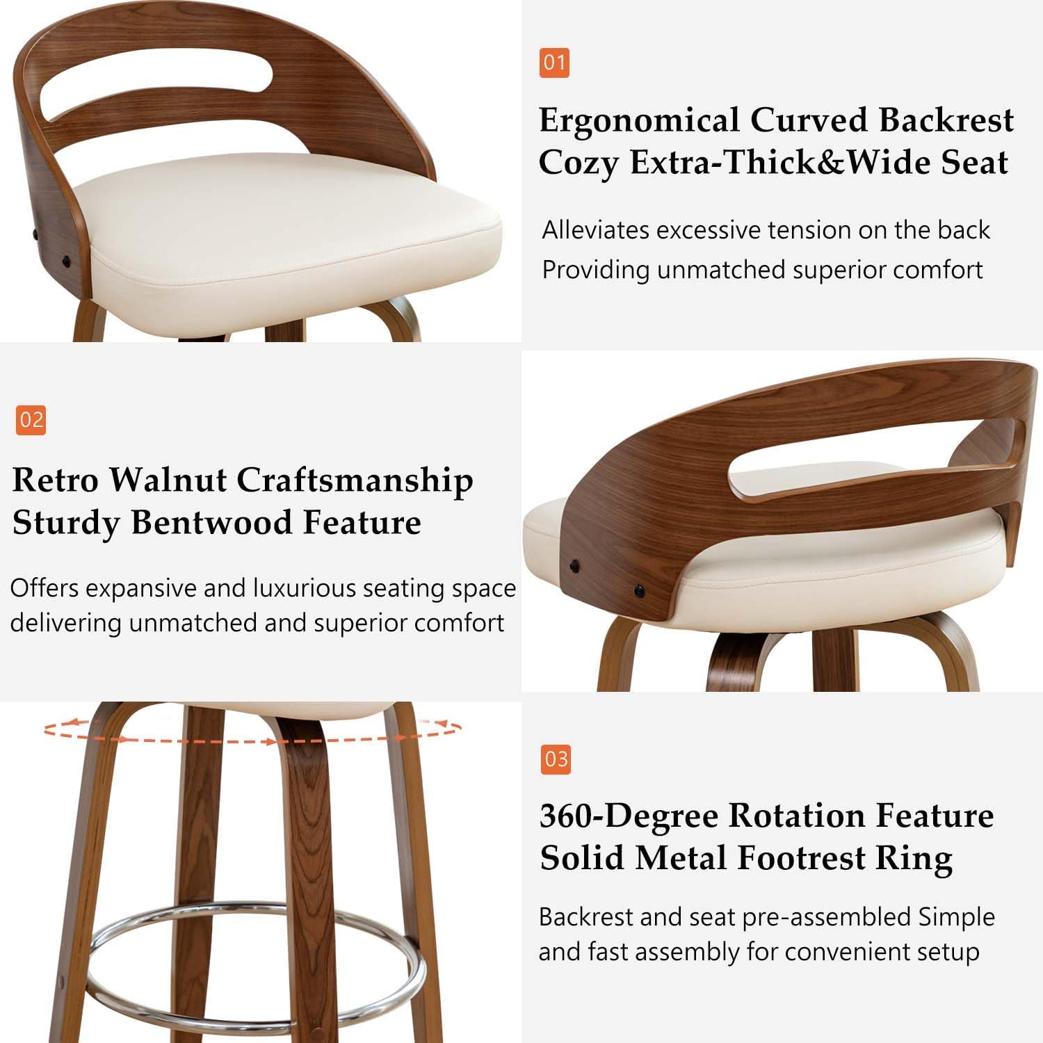 Bar Stools Set of 2, Swivel Bar Stools with Walnut Craftsmanship, Bentwood Curved Back, Upholstered Faux Leather, Soft Cushion Seat, Mid Century BarStools for Bar/Pub/Cafe (Beige, 30" Seat Height)