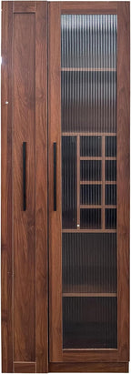 Kitchen Pantry Cabinet with Pull-Out 5-Tier Storage Shelf Space Saving Storage Organizer Cabinet with Glass Door Wine Racks Cup Holder for Kitchen, Dining Room, Bar, Walnut