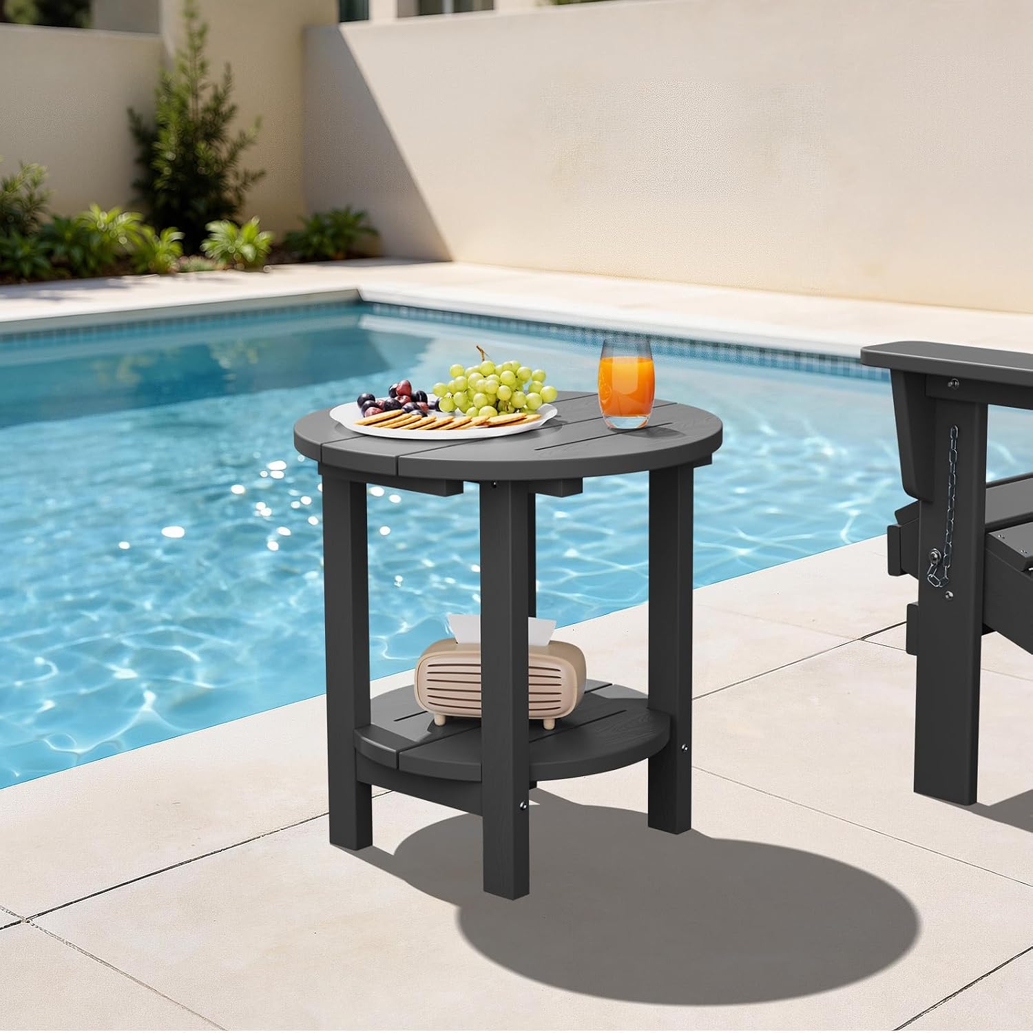 FUNDAZE 2-Tier Round HDPE Patio Side Table, End Tables for Living Room, Waterproof Indoor & Outdoor Small Table for Poolside, Garden, Gray