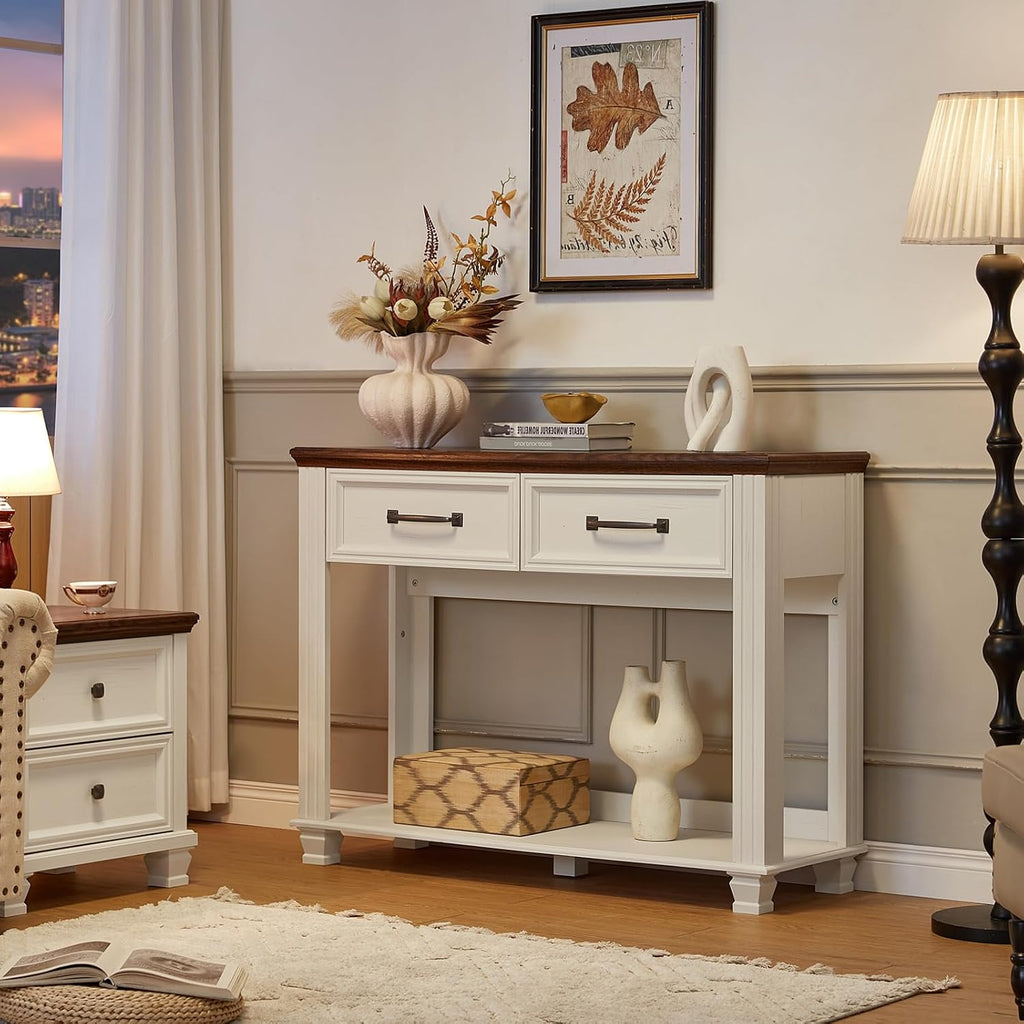 SAVOR LIFE Farmhouse 46" Console Table with 2 Drawers, Rustic Wood 2 Tier Entryway Table with Open Storage Shelf for Entry, Large Mid-Century Vintage Sofa Tables Behind Couch for Living Room, White