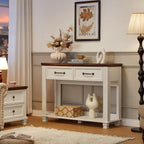 SAVOR LIFE Farmhouse 46" Console Table with 2 Drawers, Rustic Wood 2 Tier Entryway Table with Open Storage Shelf for Entry, Large Mid-Century Vintage Sofa Tables Behind Couch for Living Room, White