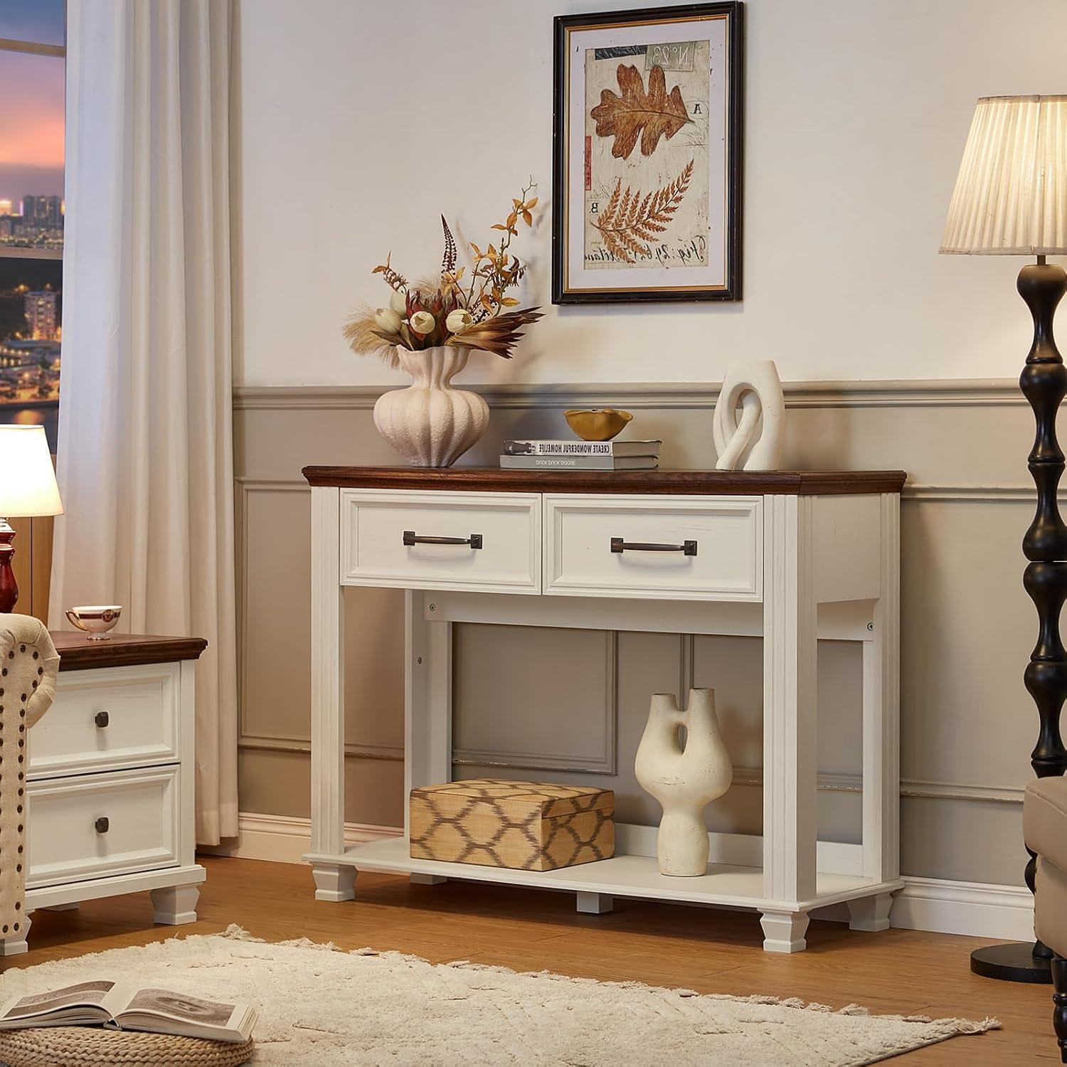 SAVOR LIFE Farmhouse 46" Console Table with 2 Drawers, Rustic Wood 2 Tier Entryway Table with Open Storage Shelf for Entry, Large Mid-Century Vintage Sofa Tables Behind Couch for Living Room, White