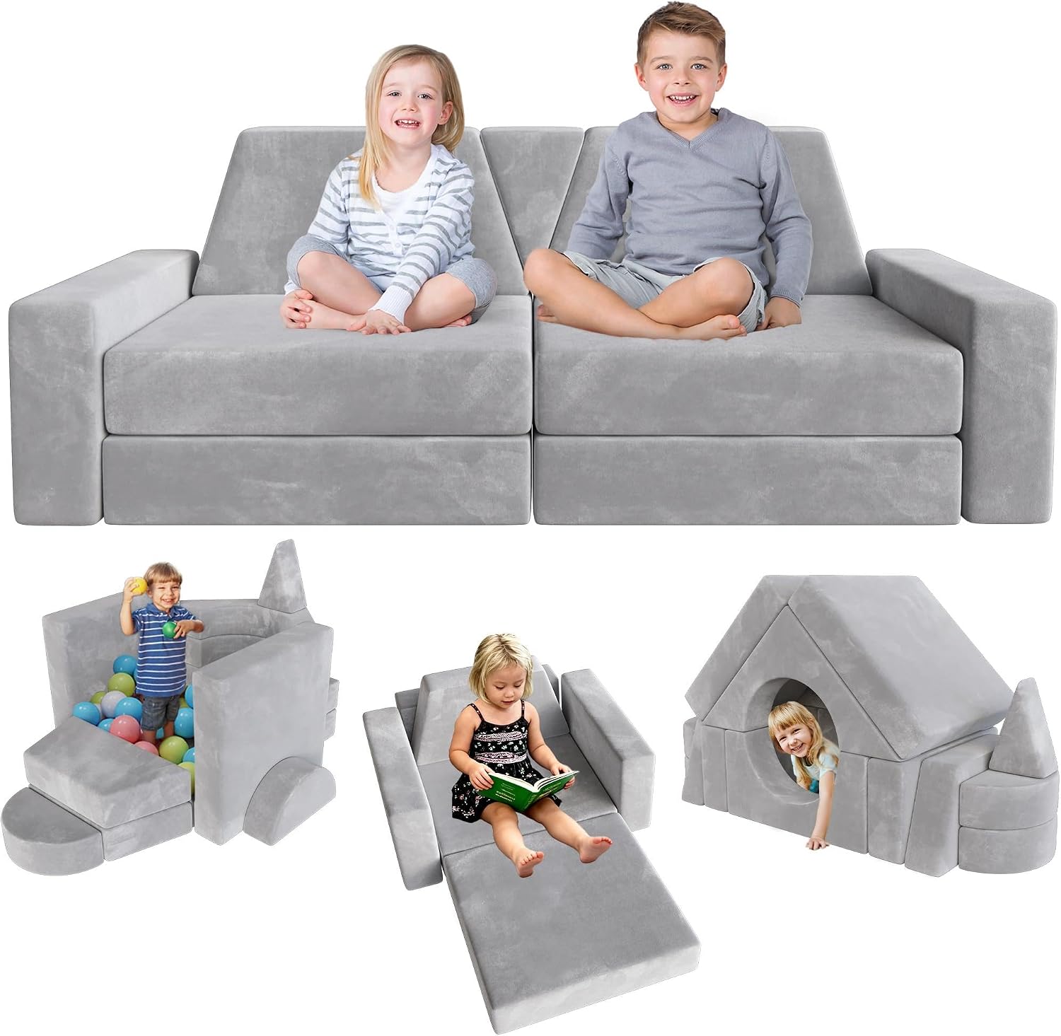 YEFU 15pcs Modular Kids Play Couch, Kids Couch for Toddler & Children, Toddler couches, Kid Couches Fort Building kit for Playroom Furniture, Kid Play Couches, Convertible Sofa for Boys & Girls, Grey
