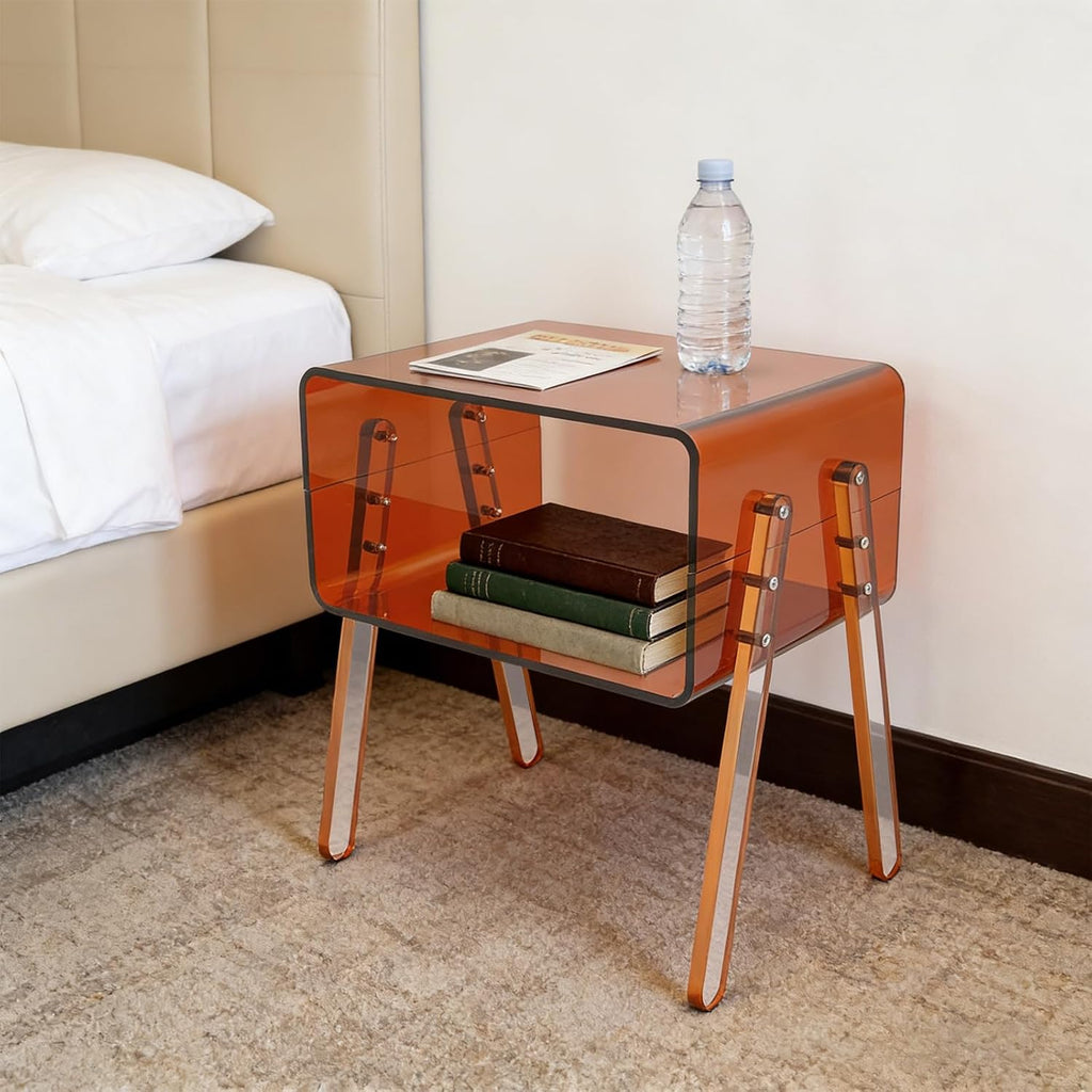 Acrylic Side Table, Small End Table for Living Room, Bedroom & Office, 2-Tier End Table with Open Storage, Sturdy Brown Accent Table for Apartment, Dorm, Minimalist Home Decor (Brown)