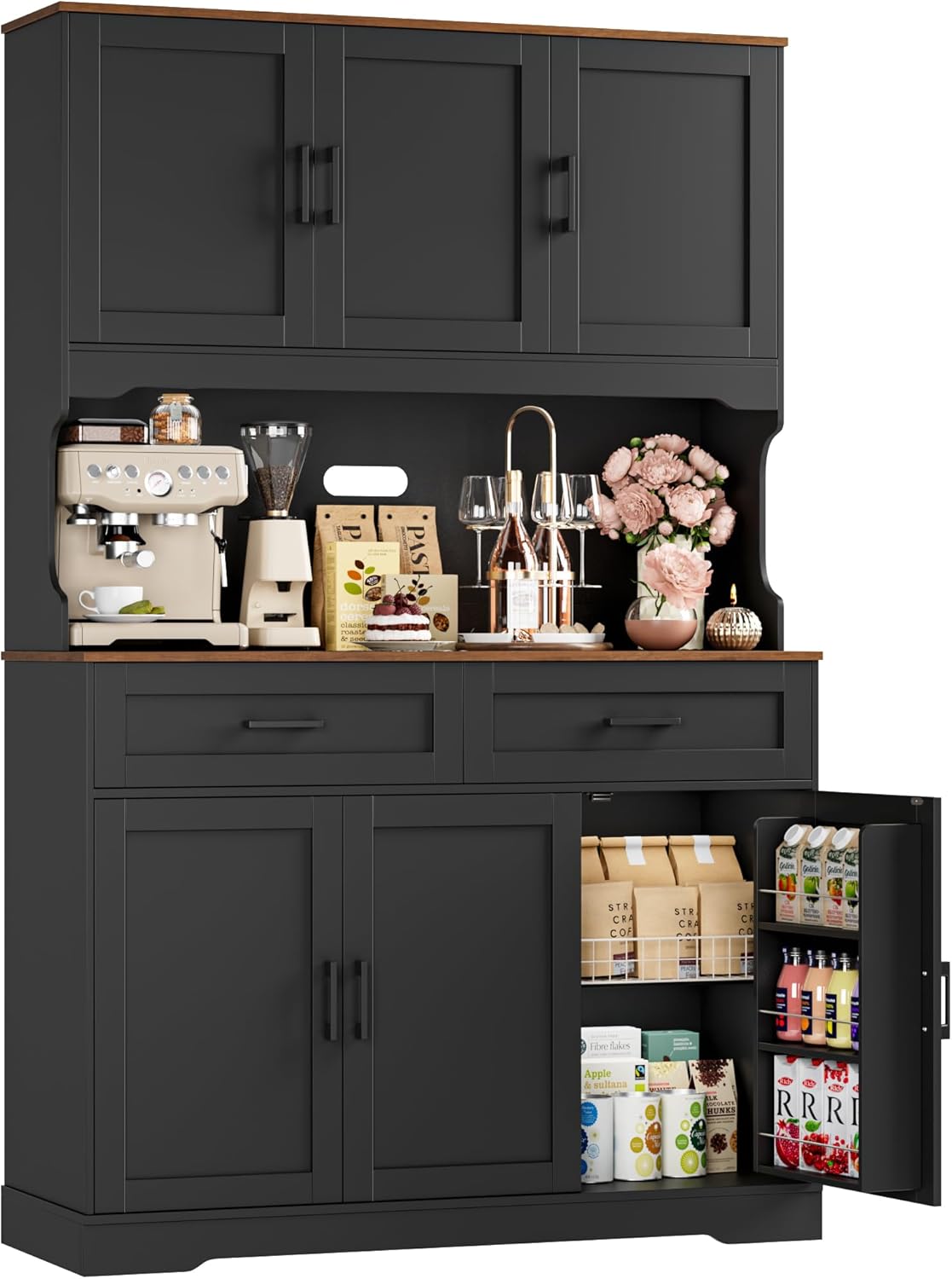 FACBOTALL Tall Kitchen Pantry Cabinet, Farmhouse Food Pantry Cabinet with Doors and Adjustable Shelves, Kitchen Hutch with Countertop and Microwave Stand for Dining Room, Living Room, Black