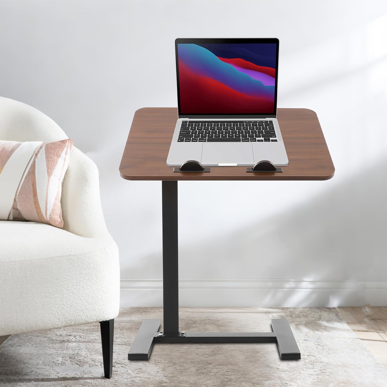 Side Table, Freestanding C Shaped End Table with Rolling Wheels, Adjustable Height Mobile Computer Laptop Table Rolling Tray Cart for Living Room & Bedroom & Office