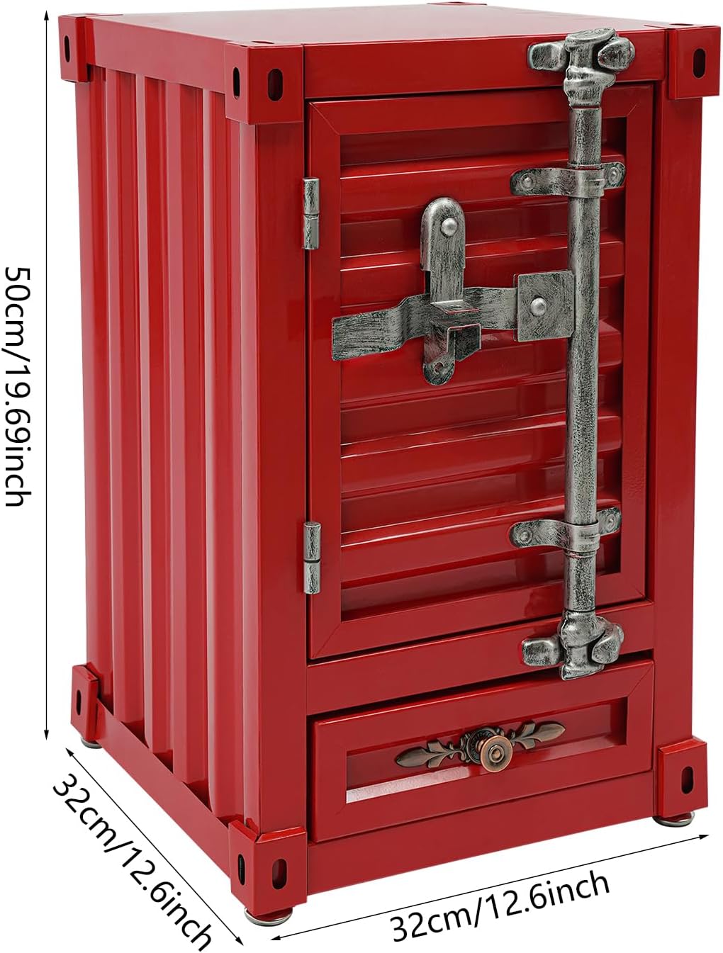 Industrial Wind Bedside Table, End Tables, Container Style Locker Wrought, Iron Bilayer Side Table, Metal Locker Nightstand with Combination Lock for Bedroom, Living Room, Office - Red