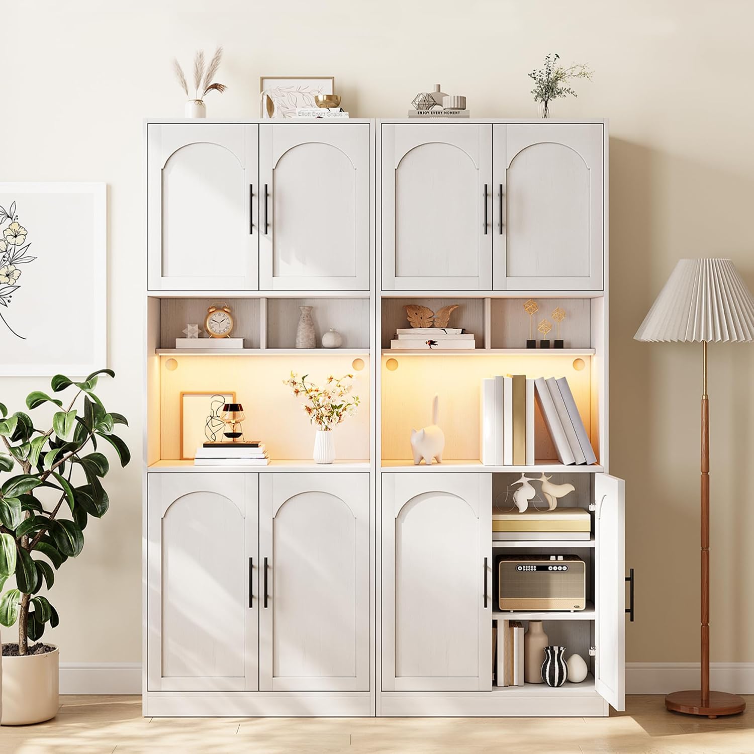 71" Pantry Cabinet with LED Light, Kitchen Pantry Storage Cabinet with Microwave Stand Anti-Tip Device, Modern Farmhouse Kitchen Cupboard Hutch for Living Room, Dining Room, Bathroom