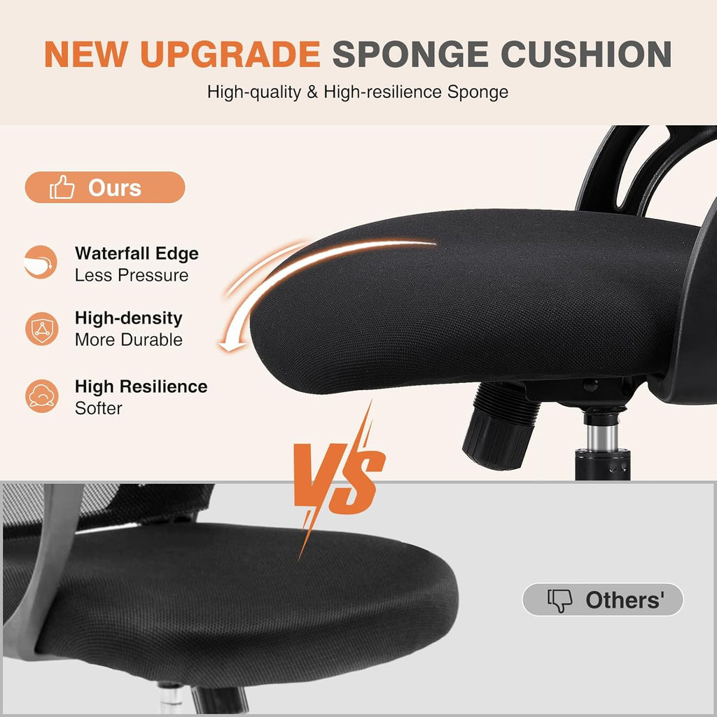 Sweetcrispy Office Computer Desk Chair, Ergonomic High-Back Mesh Rolling Work Chairs with Wheels and Adjustable Headrests, Comfortable Lumbar Support, Comfy Flip-up Arms for Home, Bedroom, Study,Black