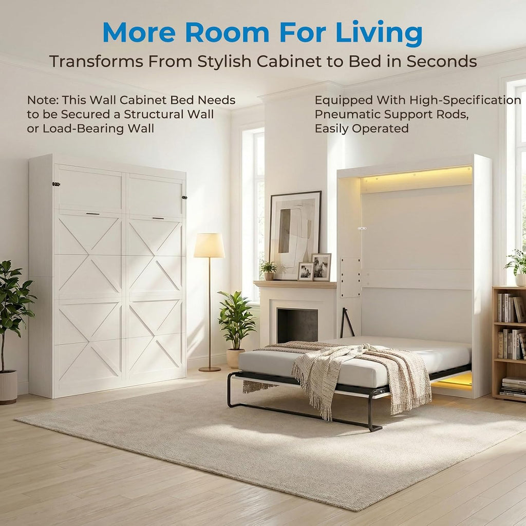 Mjkone Queen Murphy Bed, Cabinet Beds Queen Size, Modern Hidden Murphy Wall Chest Beds with Space-Saving Design, Adults Cabinet Guest Bed with 16 Colors of LED Lights for Bedroom, Apartment - White