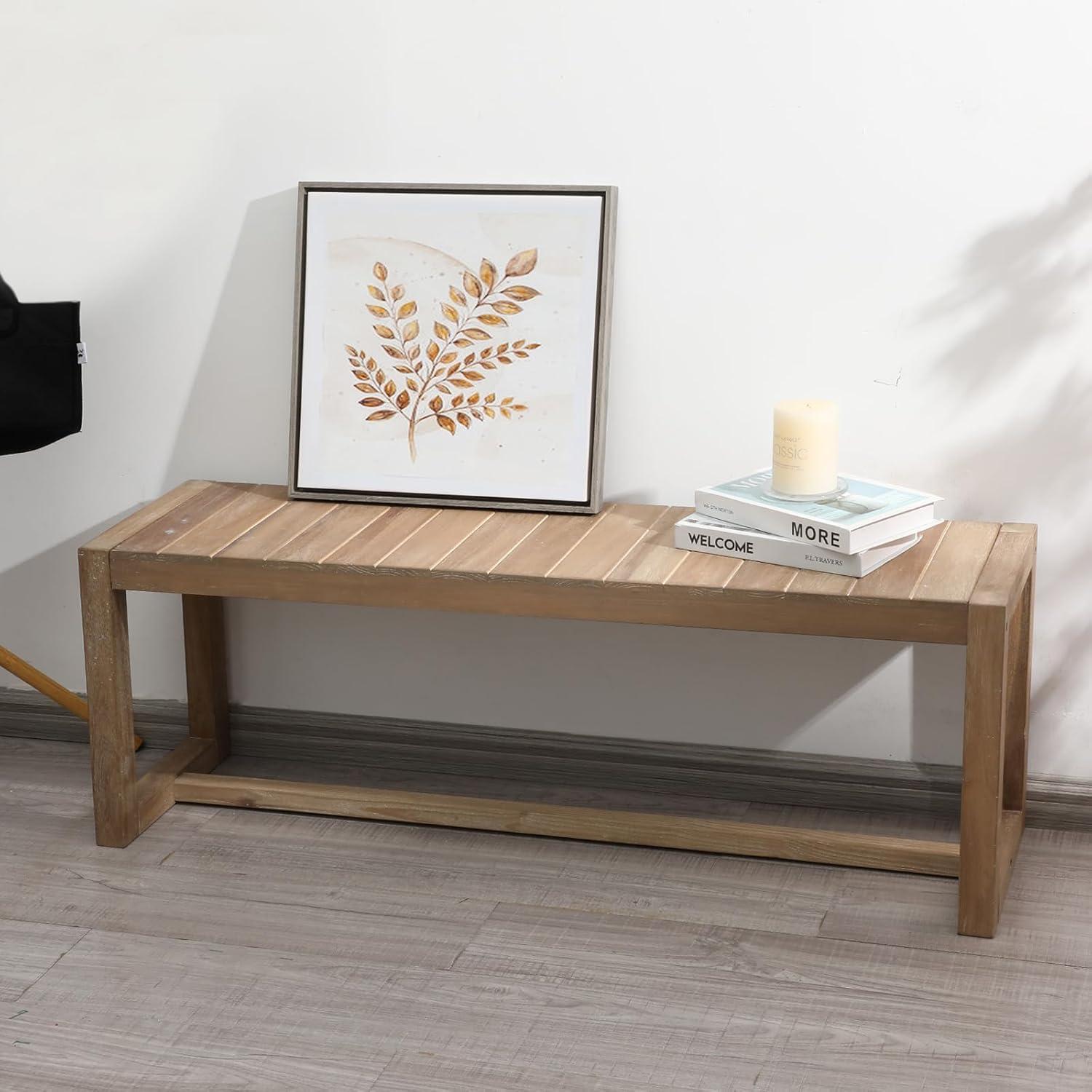 Wnutrees Farmhouse Solid Wood Bench, 43" Line Pattern Splicing Entryway Bench, Narrow Bench Seat for Living Room, Dining Room, Bathroom, Indoors, Natural