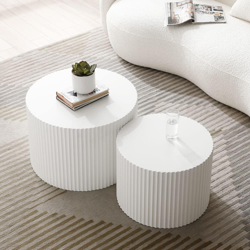 White Round Coffee Table Nesting Coffee Table Set of 2 Contemporary Circle Coffee Table Fluted Side Tables End Table for Living Room Office