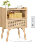 Lerliuo Rattan Nightstand with Charging Station, Boho Night Stand | Side Table with Drawer Open Shelf, Cane Accent Bedside End Table for Bedroom, Dorm and Small Spaces