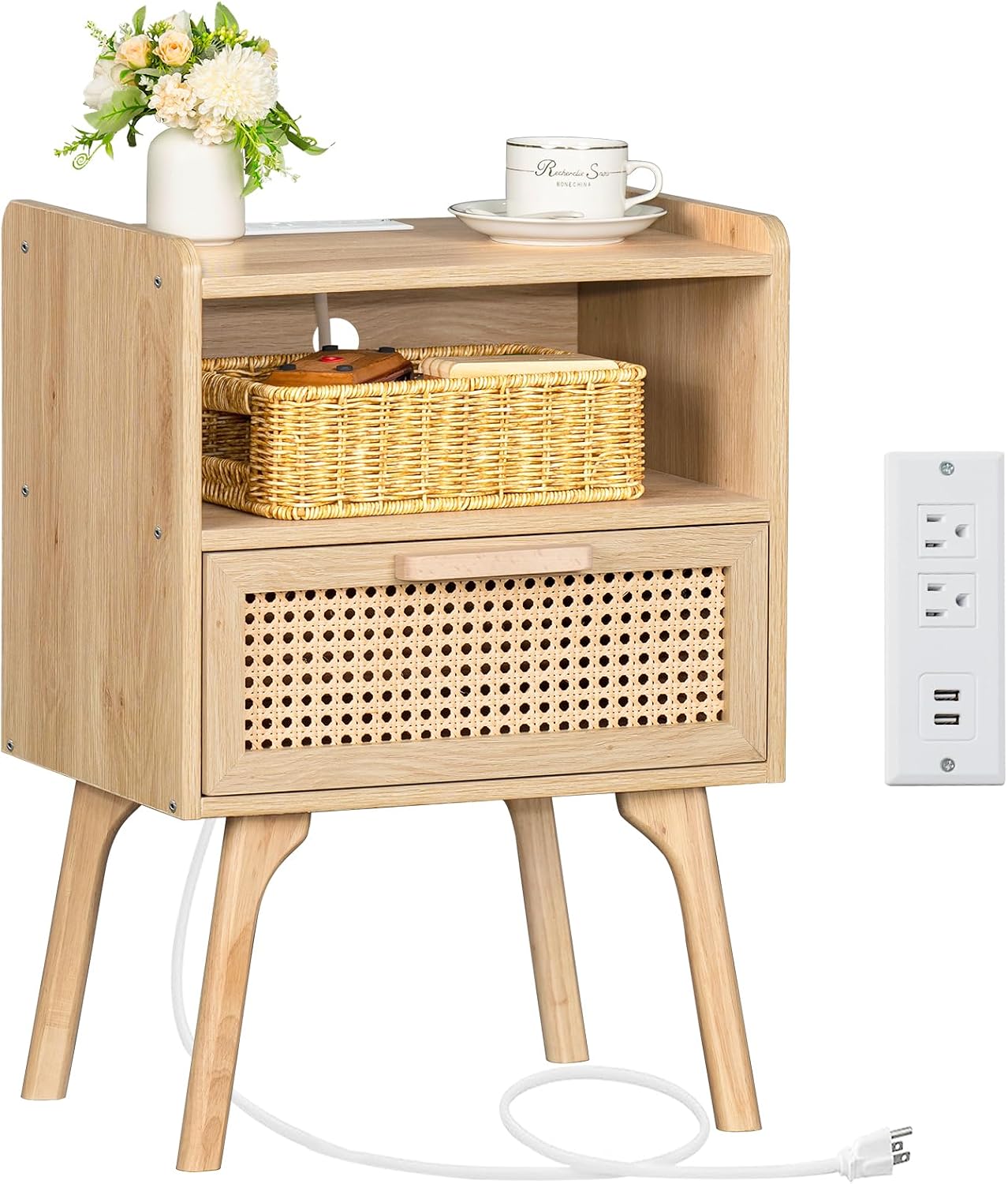 Lerliuo Rattan Nightstand with Charging Station, Boho Night Stand | Side Table with Drawer Open Shelf, Cane Accent Bedside End Table for Bedroom, Dorm and Small Spaces