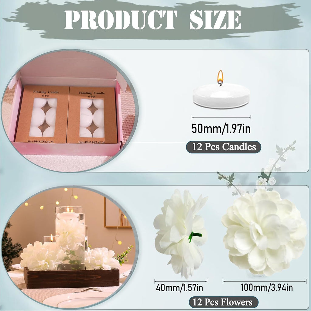 24 Pcs Floating Candles for Centerpieces and Floating Flowers Artificial Flowers Head Vase Filler for Party Home Table Wedding Centerpieces Decoration (White)