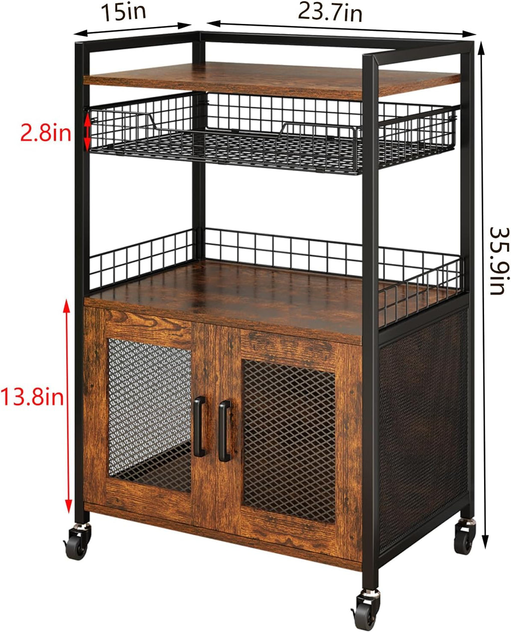 Hencawima Coffee Bar Cabinet, 3 Tier Coffee Station Table on Wheels, 35.9" H Bar Cart with Wire Basket Drawer & 5 Hooks for Home Kitchen, Liquor Buffet Sideboard Cabinet (Rustic Brown)