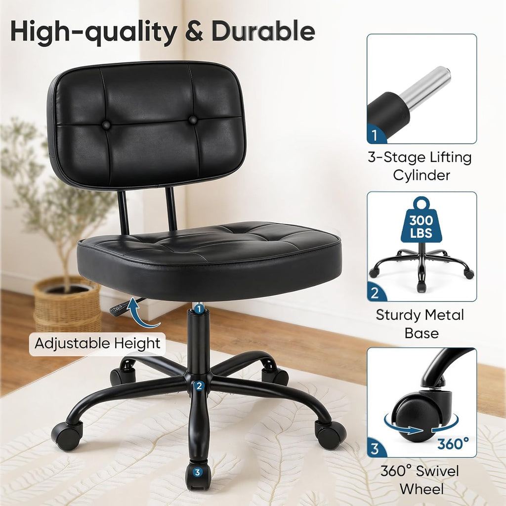 DUMOS Home Office Desk Chair - Ergonomic Armless PU Leather Computer Rolling Task Chair，with Comfy Lumbar Support and Height Adjustable, Vanity, Bedroom, Living Room, Black