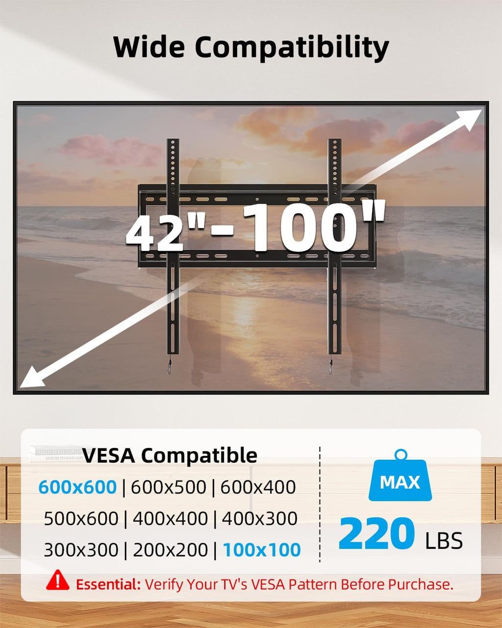 HOME VISION Heavy Duty TV Wall Mount for 42–100" TVs, Fits TCL & Samsung 98" TVs, 2mm One-Piece Solid Steel, Holds 220 lbs, Max VESA 600×600mm, Fits 16/18/24" Studs, Ultra Slim Fixed TV Mount, HV8602