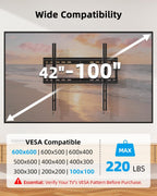 HOME VISION Heavy Duty TV Wall Mount for 42–100" TVs, Fits TCL & Samsung 98" TVs, 2mm One-Piece Solid Steel, Holds 220 lbs, Max VESA 600×600mm, Fits 16/18/24" Studs, Ultra Slim Fixed TV Mount, HV8602