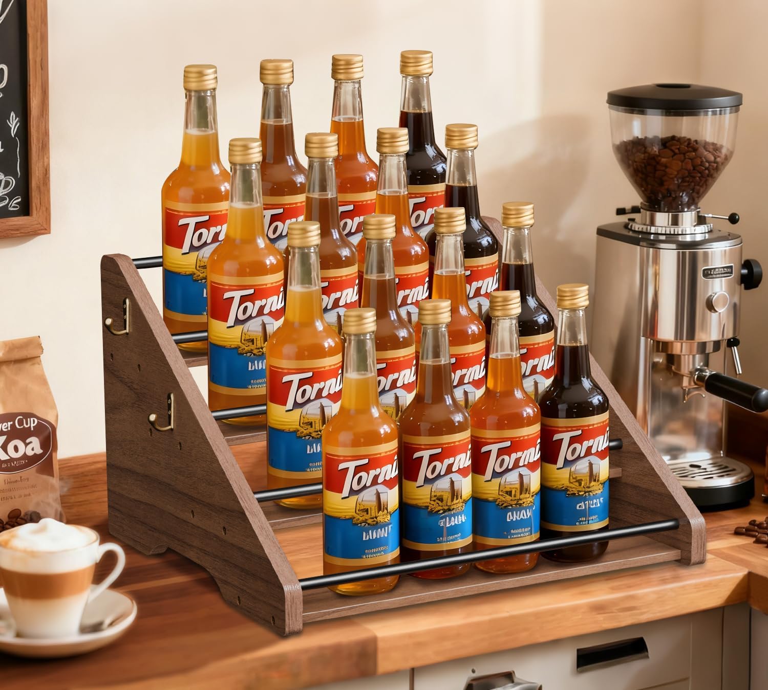 Coffee Syrup Organizer, 4-Tier Solid Wood Syrup Rack, Wine Rack, Storage Organizer for 16 Syrup Bottles/Spice Jars/Liquor Bottles, Sturdy Storage Stand for Coffee Bar