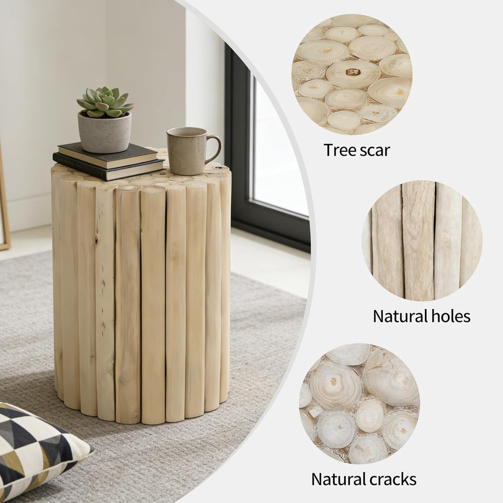 DUHOME Boho Round Side Table - Hand-Assembled Solid Wood Sticks, Organic Textured Light-Tone, Rustic End Table for Living Room Sofa Side
