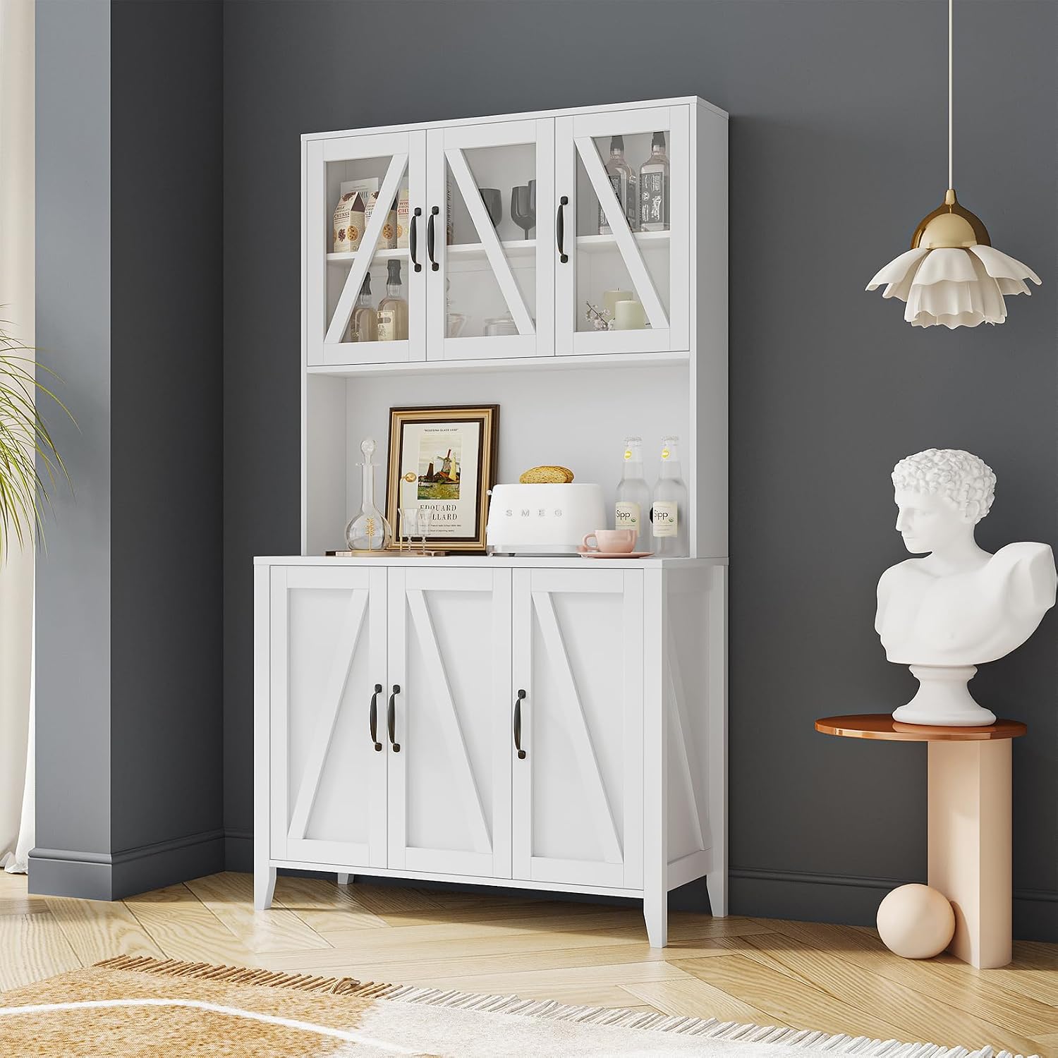 70.87" Kitchen Pantry Cabinet, 39.37" W Kitchen Hutch with Microwave Stand, Wooden Buffet Cabinet with Glass Doors Freestanding Kitchen Cupboard Buffet Cabinet for Kitchen Dining Room, White