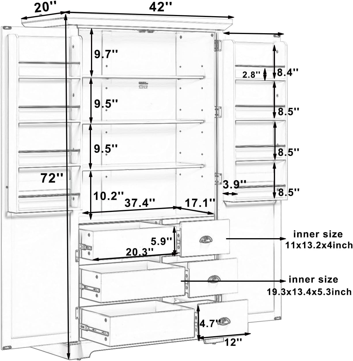 Shaker Style Kitchen Pantry with Drawers, Freestanding Storage Cupboard with Door Shelves, Adjustable Shelves and Pull-Out Trays,for Dining Room (White-B)