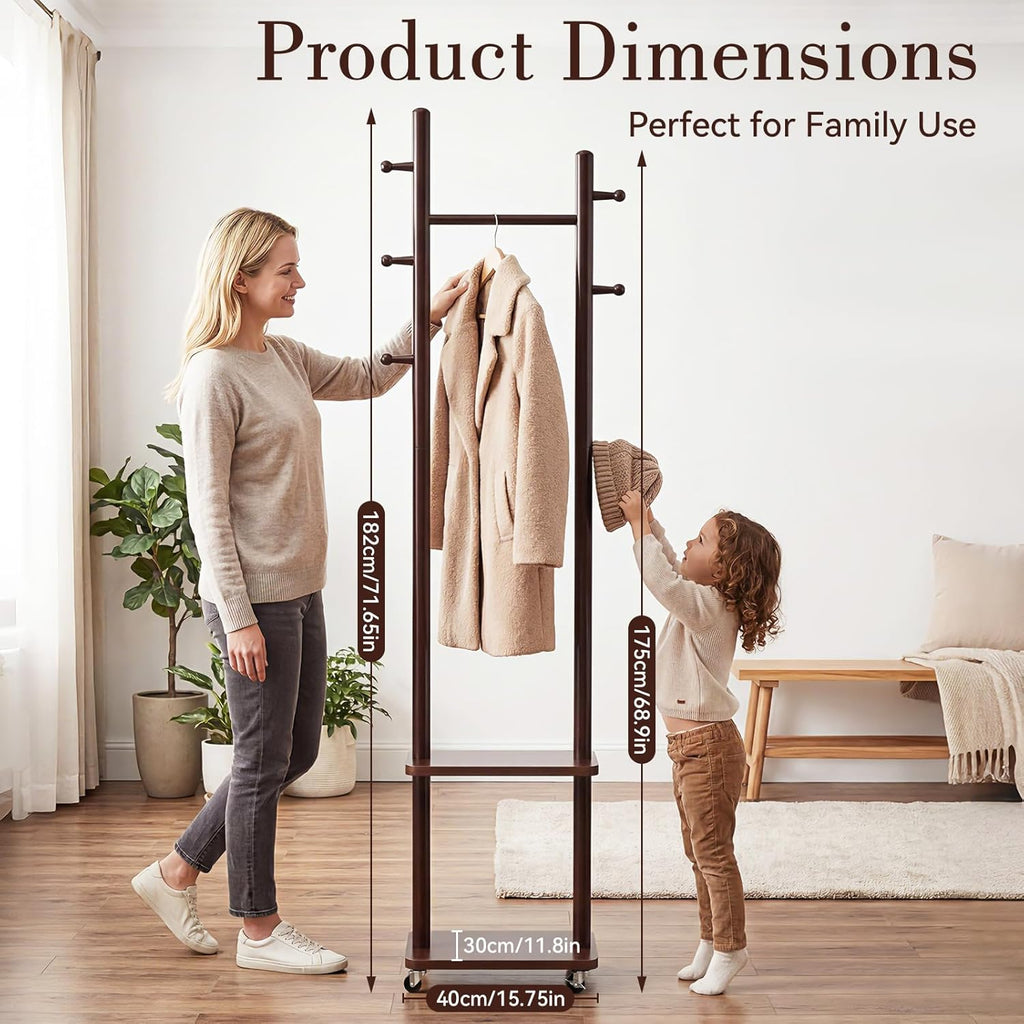 Coat Rack Freestanding, Solid Wood Coat Rack Stand, Clothing Rack with Wheels & 2 Shelves Storage & 5 Hooks, Heavy Duty Clothes Rack, Wood Coat Tree Stand Hat Hanger Rack for Bedroom Entryway Office