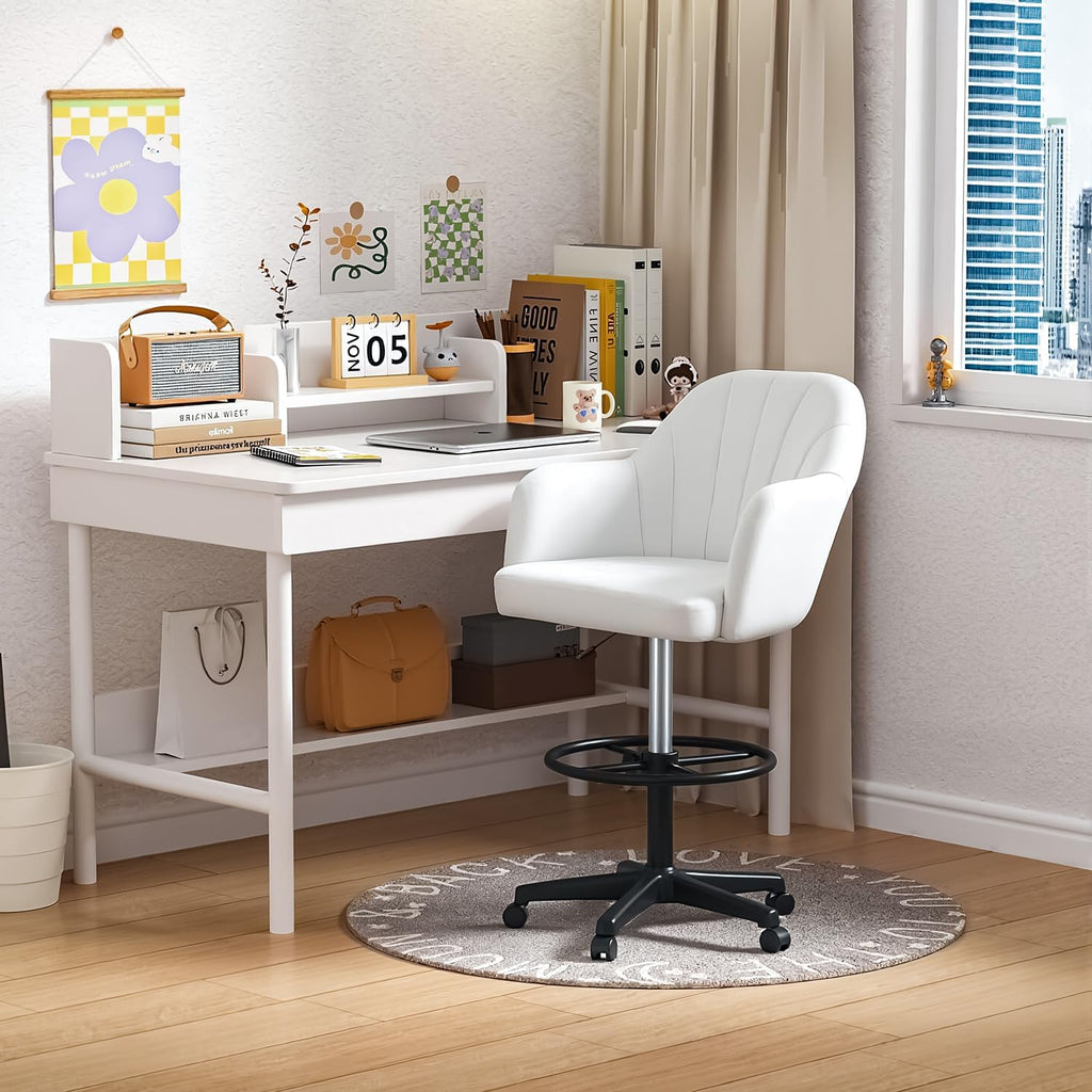 VECELO Drafting Chair with Height-Adjustable, Lumbar Support and Footrest, for Standing Desk Bedroom Vanity Office Living Computer Room, White