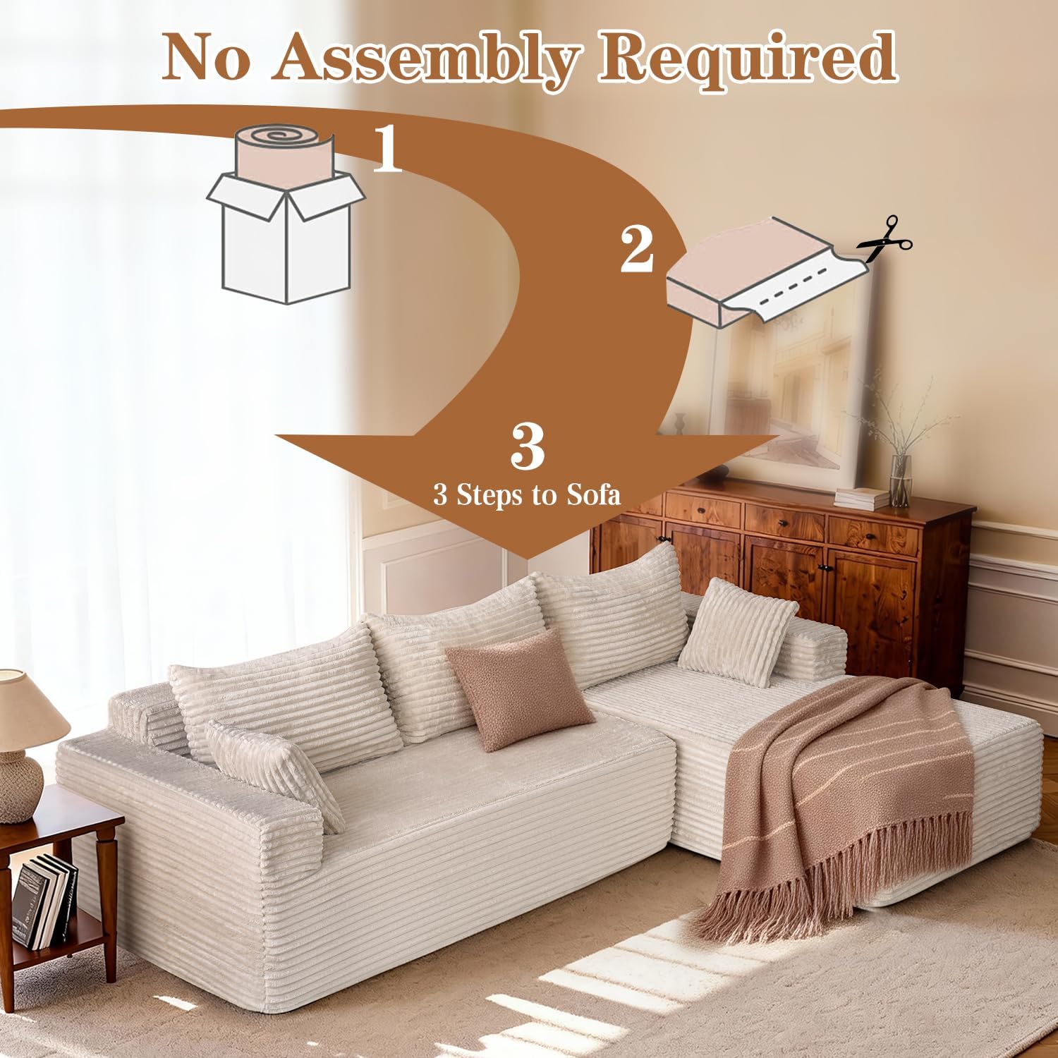PARKOL 105" Cloud Sectional Couch with L-Shape Chaise,Modern Modular Sofa with Deep Seat, Upholstered Couches for Living Room Bedroom,No Assembly Required, Beige(Plush Corduroy Fabric)