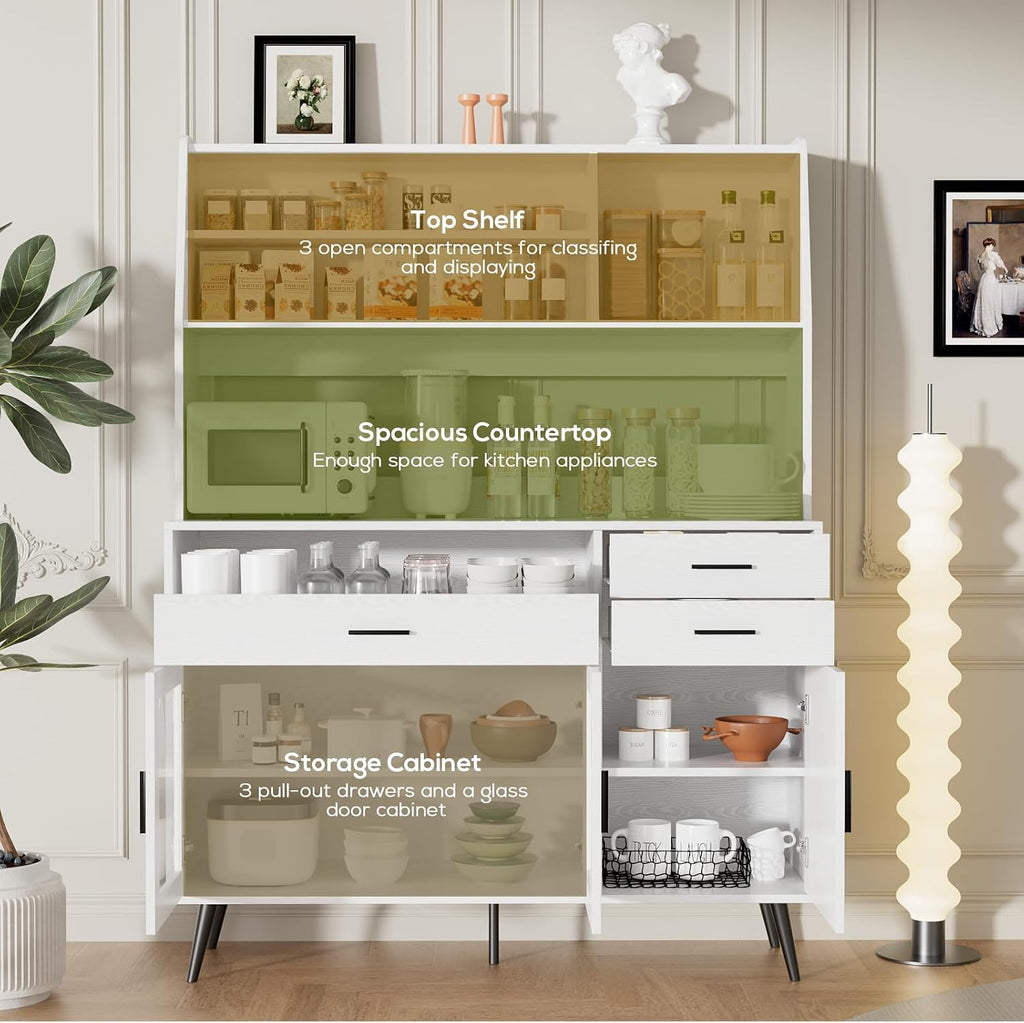 VOWNER Kitchen Hutch Storage Cabinet, Freestanding Kitchen Pantry with 2 Glass Doors and 3 Drawers, Modern Sideboard Buffet Cabinet, Barn Door Coffee Bar Station for Dining Room, Living Room (White)