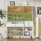 VOWNER Kitchen Hutch Storage Cabinet, Freestanding Kitchen Pantry with 2 Glass Doors and 3 Drawers, Modern Sideboard Buffet Cabinet, Barn Door Coffee Bar Station for Dining Room, Living Room (White)