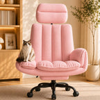 Big and Tall Office Chair with Footrest, Teddy Fabric Ergonomic Desk Chair with Adjustable Armrests, 135° Reclining High Back Computer Chair for Home Office, Cross-Legged Sitting, Pink
