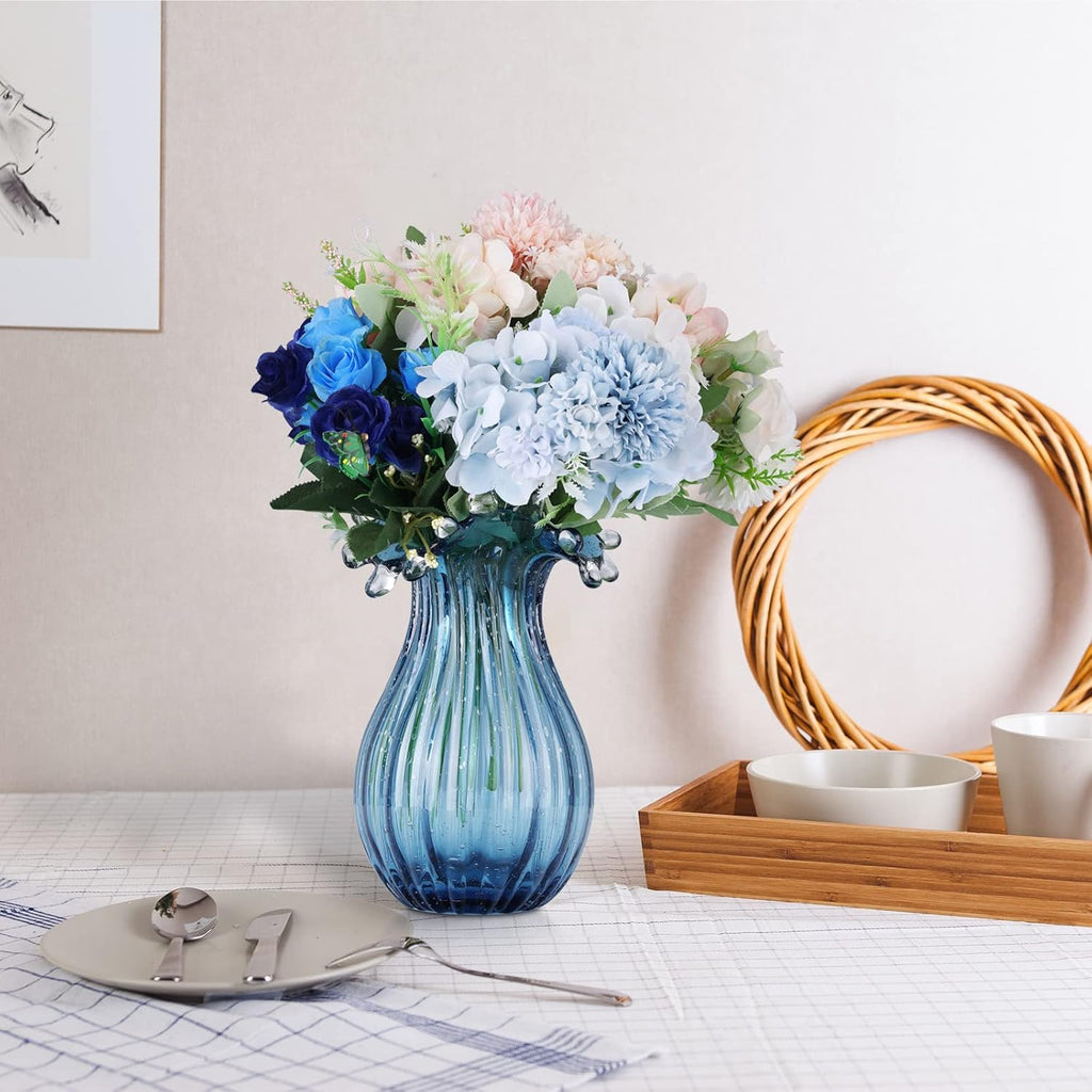 Hand Blown Glass vase, Unique Blue Glass vase, Modern Art Decor, Suitable for Living Room Coffee Tables, Wedding centerpieces, Dining Tables, and Office Centerpiece Floral Arrangements
