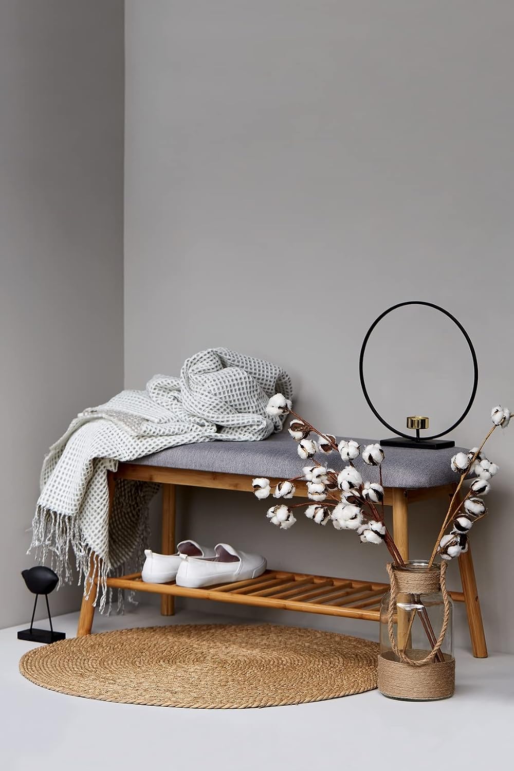 WENKO Entryway Bench with Shoe Storage, Shoe Storage Bench, Shoe Bench with Padded Seat, Bamboo Shoe Rack, Shoe Shelf, Grey, 90 x 45 x 34 cm