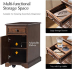 HULALA HOME Narrow End Table with Tray for Cups, Movable with Casters, Wood Traditional Bedside Table, Nightstand with Charging, Walnut