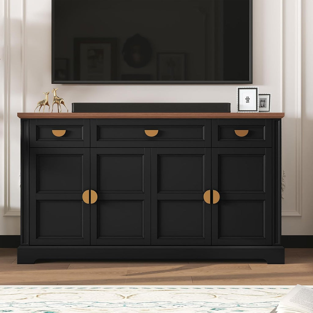 HLR 60” Large Buffet Sideboard Cabinet with 4 Doors and 3 Drawers Shaker Style, Coffee Bar Storage Cabinet for Dinning Room, Kitchen, Living Room, Black