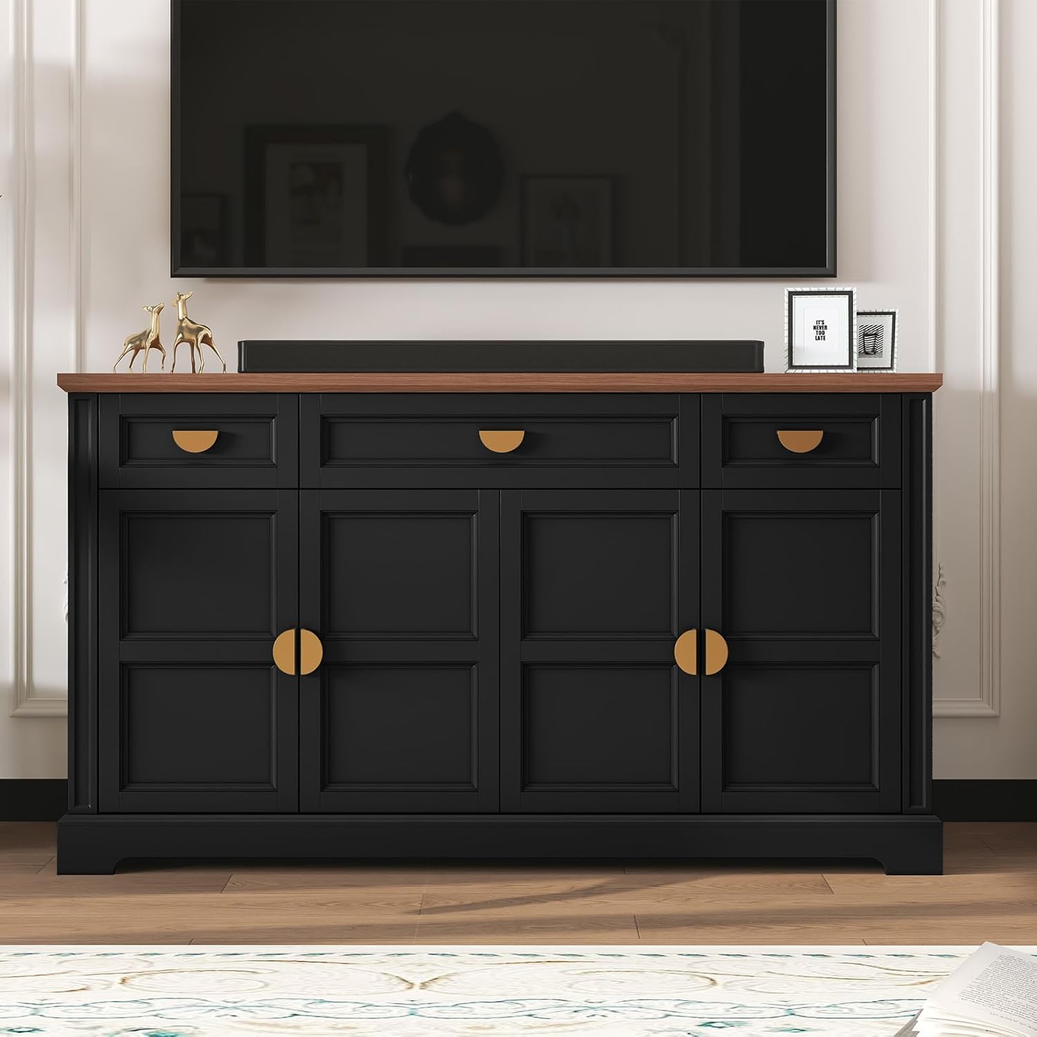 HLR 60” Large Buffet Sideboard Cabinet with 4 Doors and 3 Drawers Shaker Style, Coffee Bar Storage Cabinet for Dinning Room, Kitchen, Living Room, Black