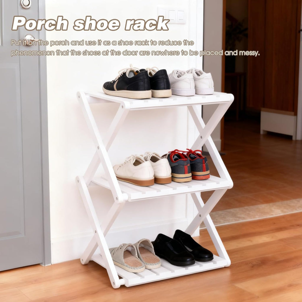 3 Tier Portable Folding Shoe Storage Rack Natural Bamboo Vertical Shoe Rack for Corridors, Bedrooms Living Room Corner and Small Spaces (White)