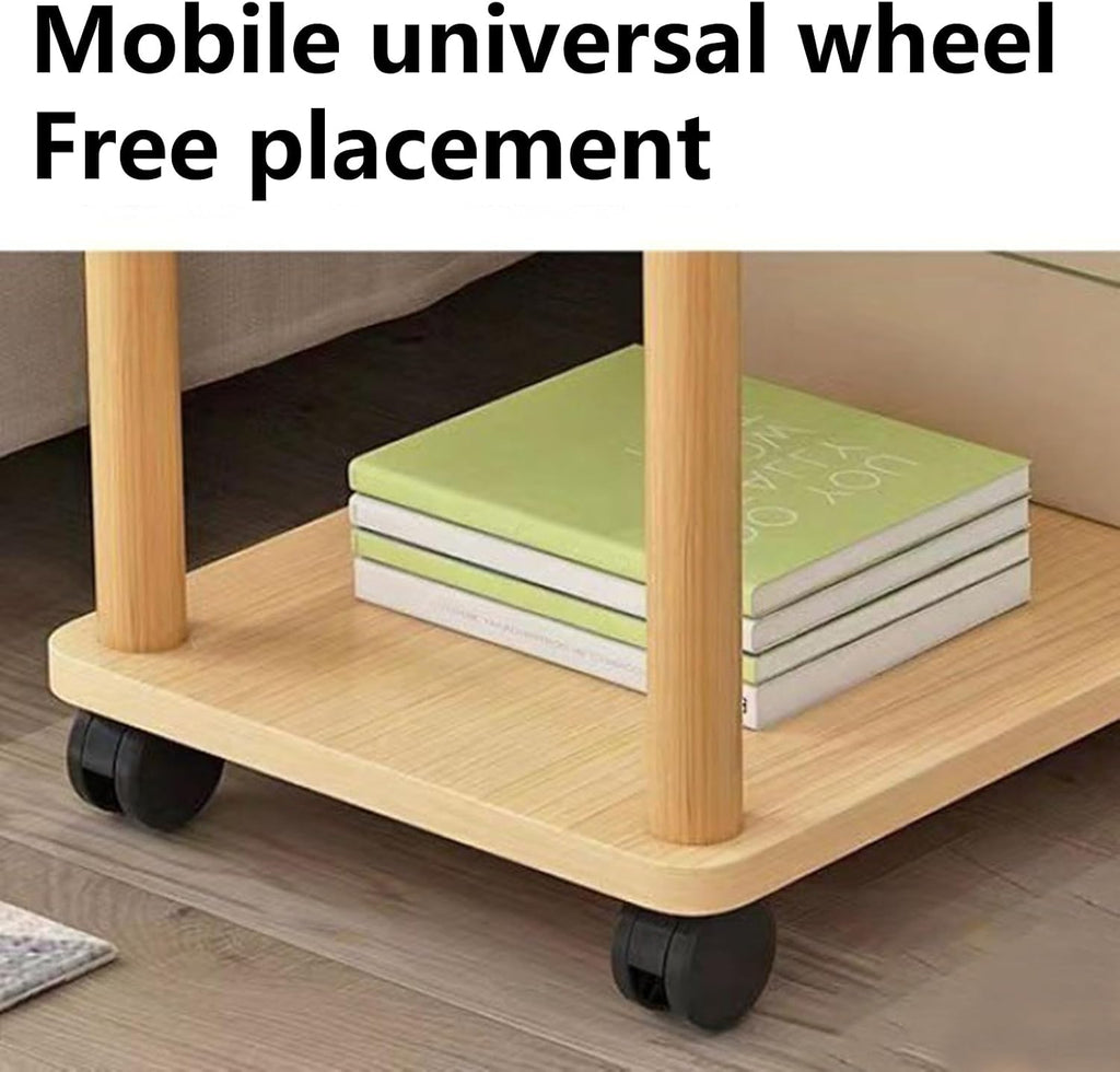 Movable 2-Tier Side Table with 360 Swivel, Industrial Wood Frame End Table for Living Room, Bedroom, Balcony, Office, Study, Entryway, Small Spaces, Narrow Nightstand 23.6"x11.8"x18.5" Wooden Color