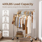 HYSEYY Clothes Rack,Double Rods Rolling Clothing Rack for Hanging Clothes load 400LBS,Portable Garment Coat Rack with Wheels Wardrobe Closet for Bedroom Laundry Room,Retail Store,Silver