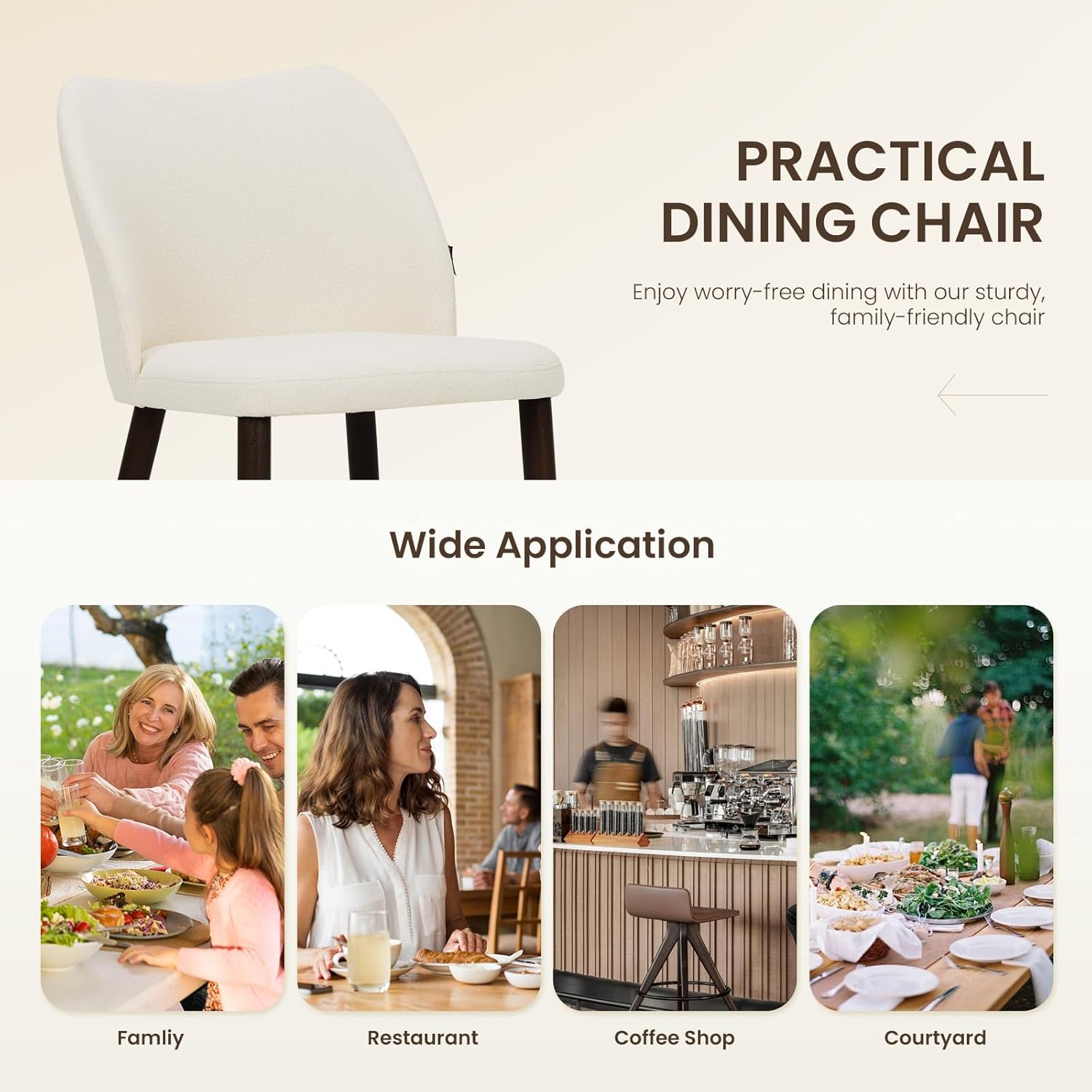 Wooden Dining Chairs Set of 6, Upholstered Kitchen Dining Room Chair, Modern Fabric Farmhouse Dinner Chair for Restaurant & Cafe, Beige