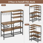 L-Shaped Bakers Rack with Power Outlet, 6-Tier Microwave Stand with Open Storage, Coffee Bar with Hooks, Mesh Grid, Kitchen Shelf with Wire Basket, Rustic Brown and Black