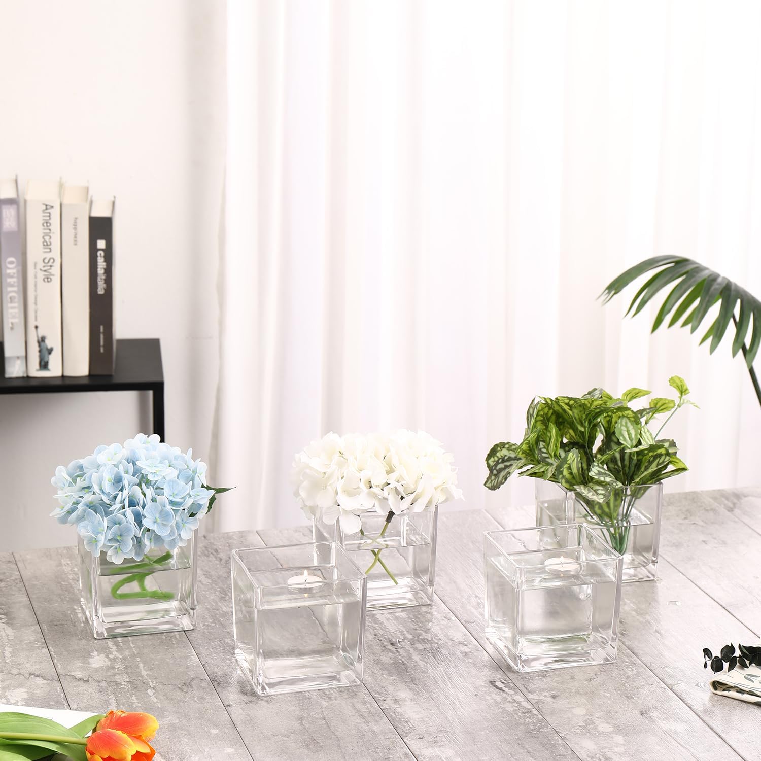 Square Clear Glass Vases Set of 6, 5" x 5" x 5" Flower Vases for Centerpieces, Square Vase for Centerpieces, Small Vase for Wedding, Party, Home Office Decoration