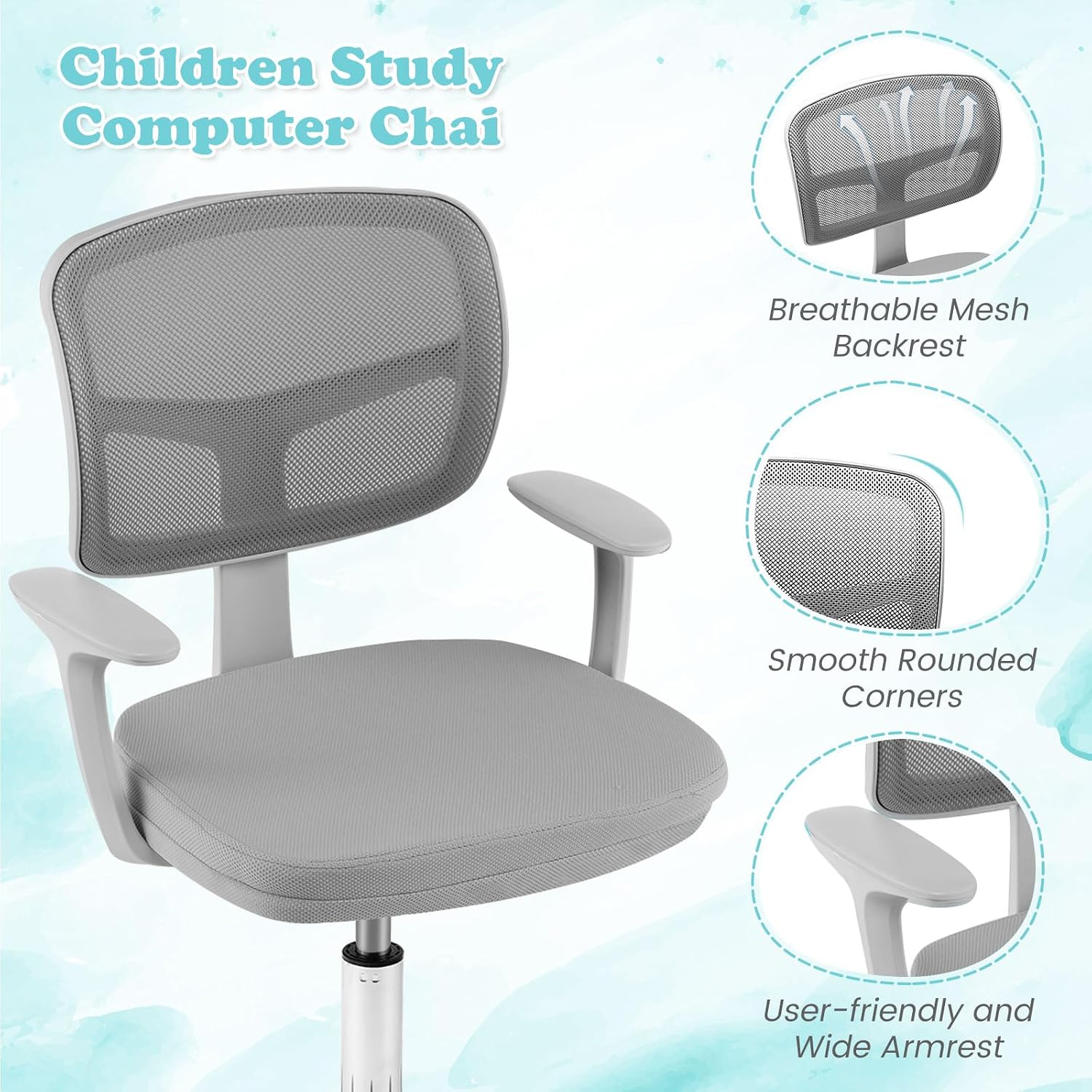 Giantex Kids Desk Chair, Ergonomic Adjustable Teen Task Chair w/Y-Shaped Lumbar Support, Armrest & Universal Wheels, Mesh Kid Office Chair for Sturdy, Kids Computer Chair for Boys & Girls 4-12, Grey