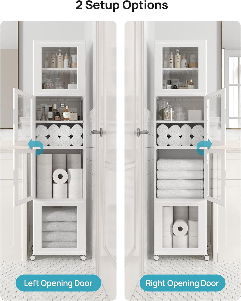 Vtopmart 63.2" Tall Slim Bathroom Storage Cabinet with 4 Adjustable Shelves and 4 Doors, Freestanding Narrow Cabinets Organizer with Wheels and Anti-tip for Laundry, Kitchen, Pantry, White