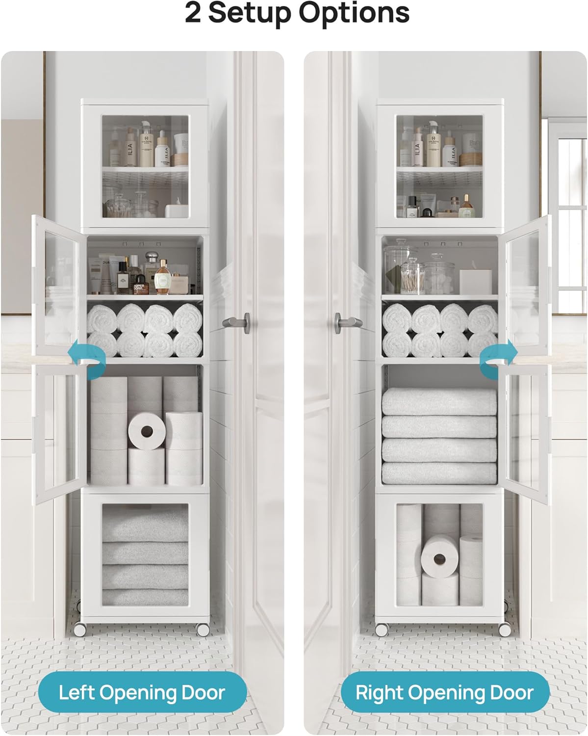 Vtopmart 63.2" Tall Slim Bathroom Storage Cabinet with 4 Adjustable Shelves and 4 Doors, Freestanding Narrow Cabinets Organizer with Wheels and Anti-tip for Laundry, Kitchen, Pantry, White