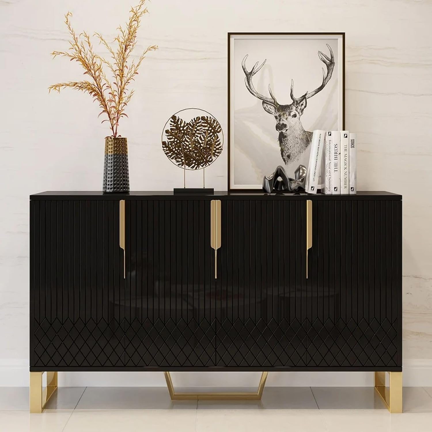 homary Modern 59" Buffet Cabinet Table with 4 Doors & 6 Shelves - Sideboard Cabinet for Dining Room, Kitchen (Black)